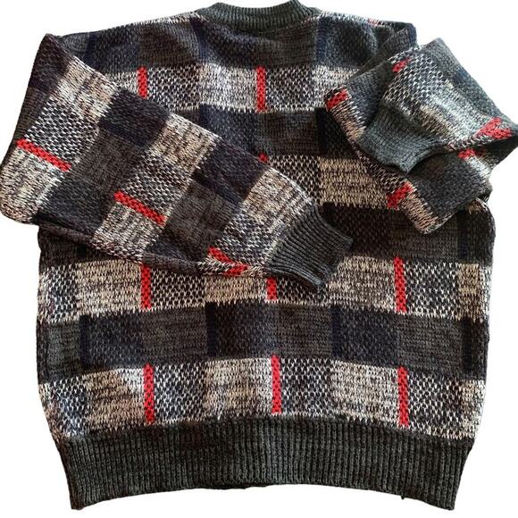 Vintage Plaid Cardigan Large Jacquard Knit VNeck 80s Sasson - Picture 7 of 15